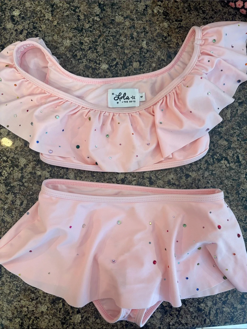 Lola + The Boys Pink Ruffle Two-Piece Swim Set with Iridescent Dots